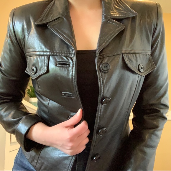 Vintage 80/90s Cropped Black Leather Blazer Jacket - Picture 4 of 7